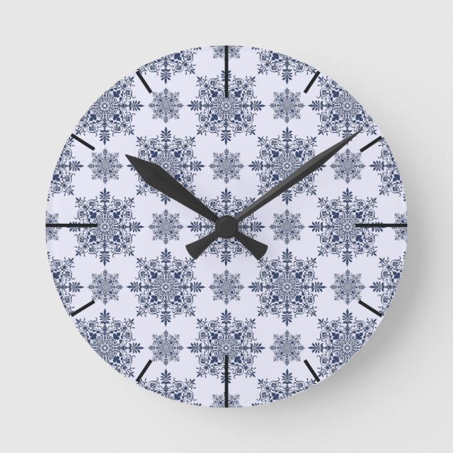 Horloge Ronde Motif Damas de flocon bleu (Recto)