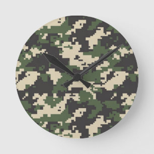 Horloge Ronde Motif de camouflage numérique vert