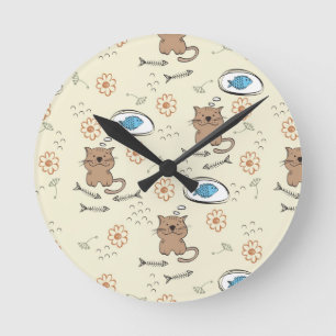 Horloge Ronde motif de chat et de poissons