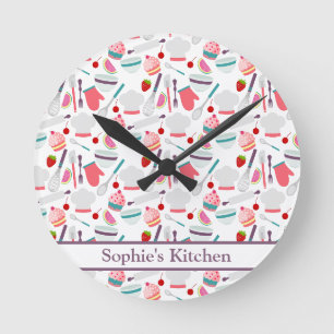 Horloge Ronde Motif de cuisson de cupcake Violet