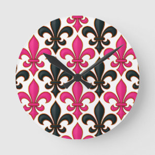 Horloge Ronde Motif de fleur de lis baroque noir rose Design 