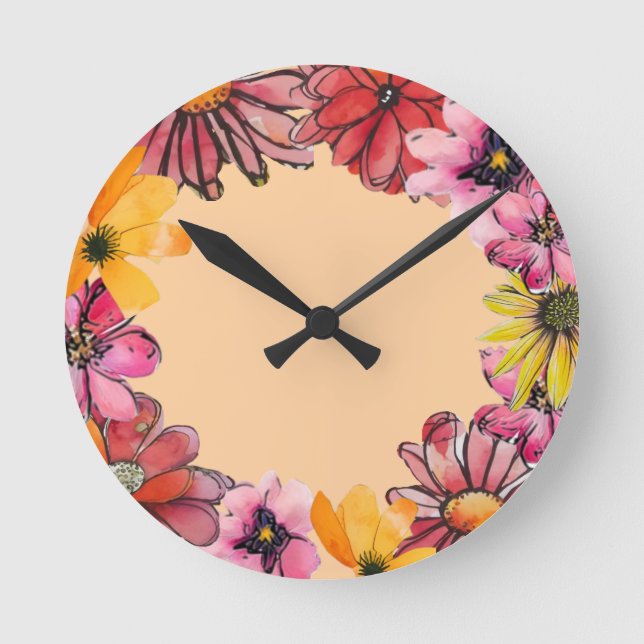 Horloge Ronde Motif de fleurs joyeux peint à la main (Recto)
