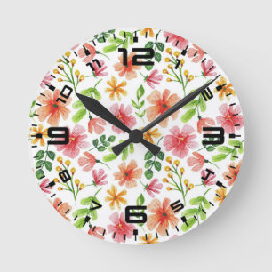 Horloge Ronde Motif de fleurs roses à l'aquarelle