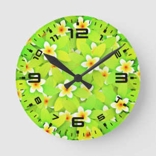 Horloge Ronde Motif de fleurs vertes jaunes feuilles