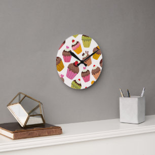 Horloge Ronde Motif de gâteau, Motif de muffin, Chocolat, Coeurs
