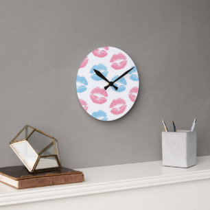 Horloge Ronde Motif de lèvres bleues et roses, Lipstick, Baiser