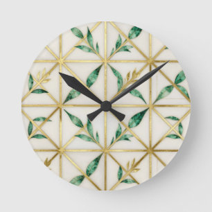Horloge Ronde Motif de luxe feuille émeraude géométrique or