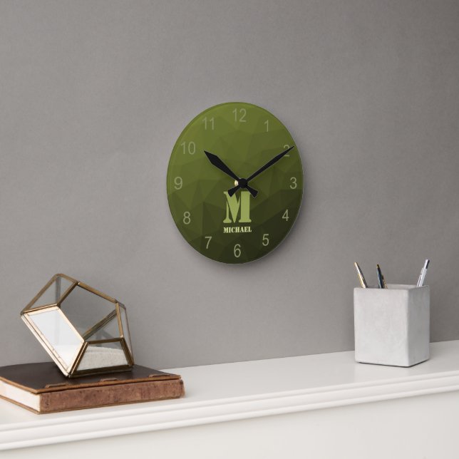 Horloge Ronde Motif de maillage géométrique d'olive verte de l'a (Bureau)