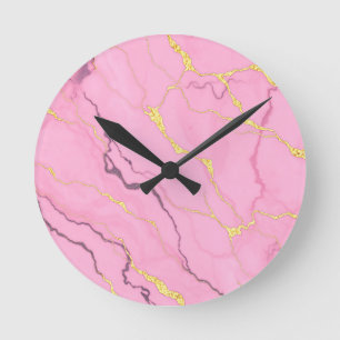 Horloge Ronde Motif de marbre rose avec veines dorées