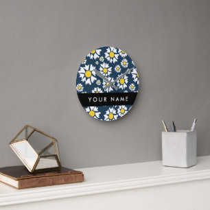Horloge Ronde Motif de marguerite, marguerites blanches, Votre n