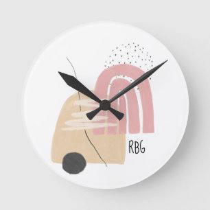Horloge Ronde Motif de monogramme géométrique à arc-en-ciel rose