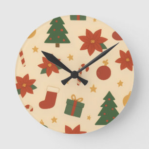 Horloge Ronde Motif de Noël cosy avec cadeaux et arbres
