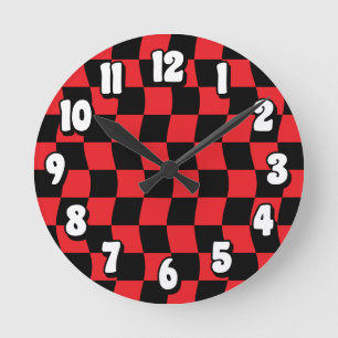 Horloge Ronde Motif de vérification rouge noir rouge rétro