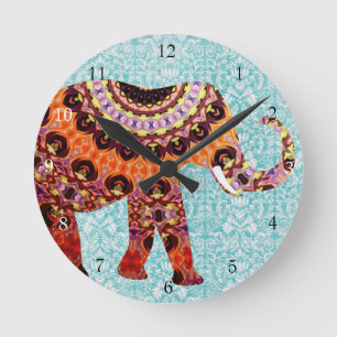 Horloge Ronde Motif d'éléphant Boho coloré sauvage