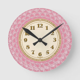 Horloge Ronde Motif dentelle rose, blanche et or