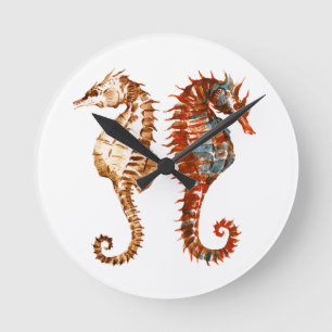 Horloge Ronde Motif d'hippocampe d'aquarelle
