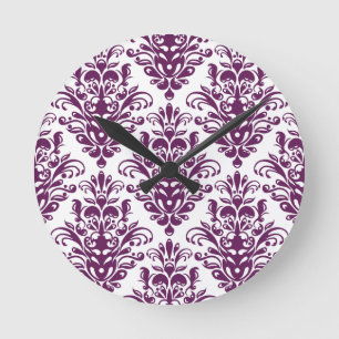 Horloge Ronde Motif élégant pourpre et blanc chaud de damassé