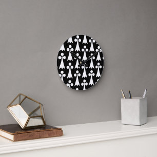 Horloge Ronde Motif Ermine, Motif médiéval, Blanc sur Noir