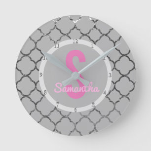 Horloge Ronde Motif fait sur commande de Quatrefoil d'argent de