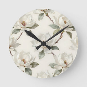 Horloge Ronde Motif Fleur de Magnolia Douce Neutre