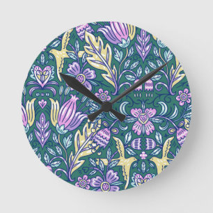 Horloge Ronde Motif Fleurs et Oiseaux de Style Antique