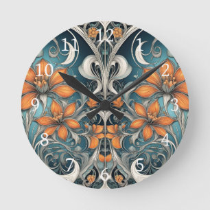 Horloge Ronde Motif floral Art Nouveau sarcelle orange
