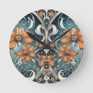 Horloge Ronde Motif floral Art Nouveau sarcelle orange