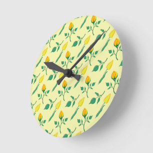 Horloge Ronde Motif floral avec rose jaune et fleurs de tulipe
