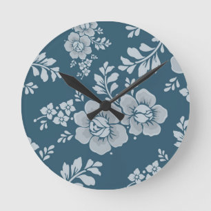Horloge Ronde Motif floral bleu vintage élégant