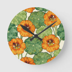 Horloge Ronde Motif floral de capucine à l'aquarelle