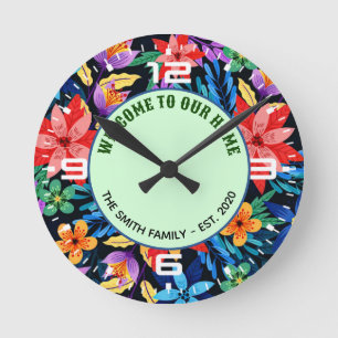 Horloge Ronde Motif floral exotique Texte personnalisé-68578