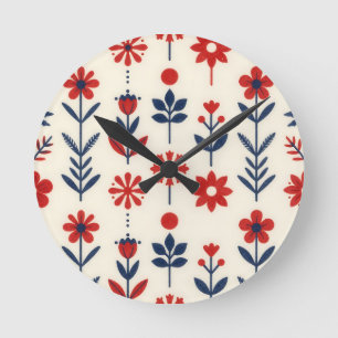 Horloge Ronde Motif floral folklorique rouge et marine