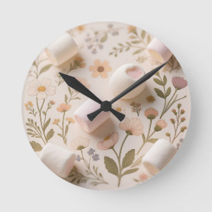 Horloge Ronde Motif Floral Pastel Guimauve