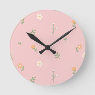 Horloge Ronde Motif floral pastel mignon sur fond rose