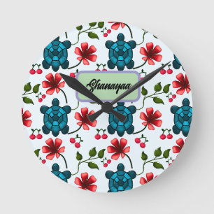 Horloge Ronde Motif floral personnalisé Tortue Tropicale Cerise