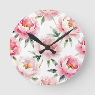 Horloge Ronde Motif floral rose pivoine aquarelle