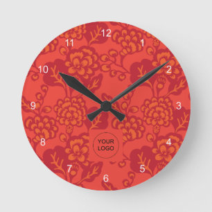 Horloge Ronde Motif floral rouge et orange vibrant et gras