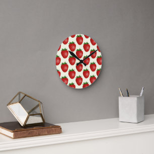 Horloge Ronde Motif fraises, fraises rouges, fruits, feuilles