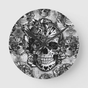 Horloge Ronde Motif grunge de crâne de sucre