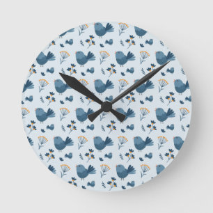 Horloge Ronde Motif illustré d'oiseau bleu mignon et de baies