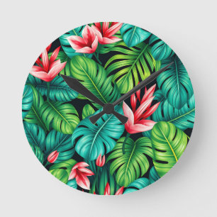 Horloge Ronde Motif Jungle Tropical Monstera Heliconia