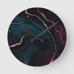 Horloge Ronde Motif Marbre Galaxie Or Rose Émeraude