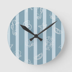 Horloge Ronde Motif Marin Côtier Coquillage de Mer Bleue & Hip
