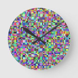 Horloge Ronde Motif multicolore de formes de carrés abstraits