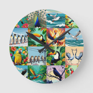 Horloge Ronde Motif patchwork d'oiseaux