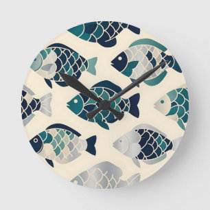 Horloge Ronde Motif répétitif de poissons stylisés bleu sarcelle