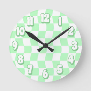 Horloge Ronde Motif Retro Pastel Vert blanc Verre Checker