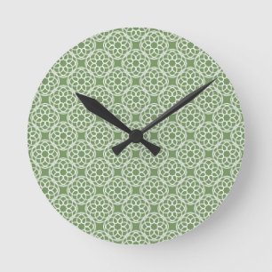Horloge Ronde Motif Sage Green White géométrique sans couture