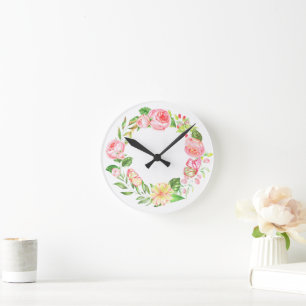 Horloge Ronde Nature botanique aquarelle fleur rose couronne