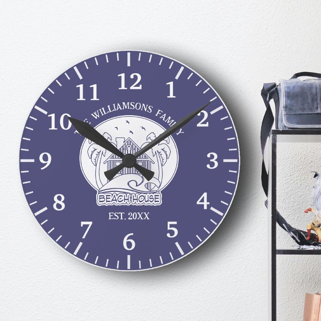 Horloge Ronde Nautical Blue Beach House Blanc Nom de famille Été (Créateur téléchargé)